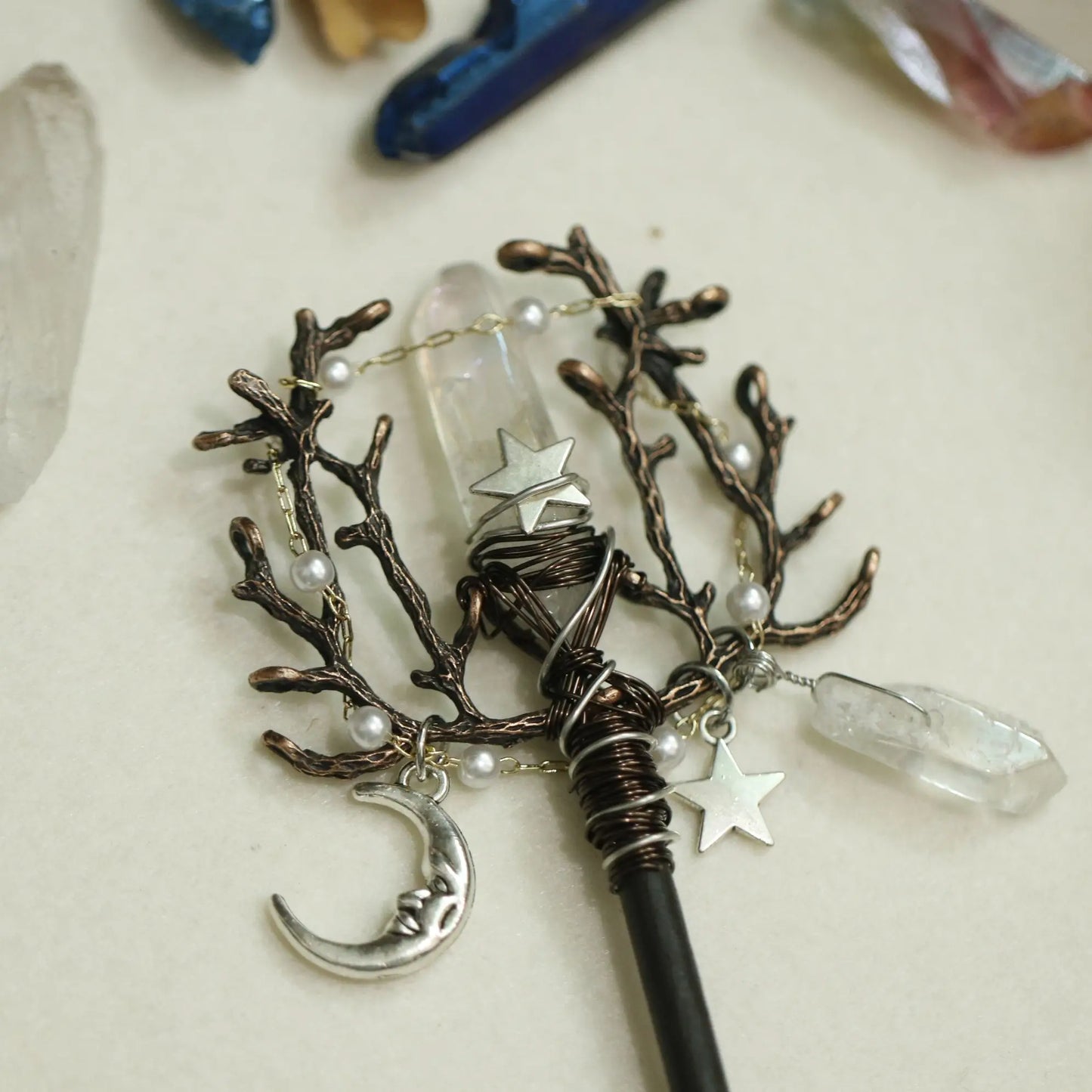 Baguette magique de sorcière vintage faite à la main, épingle à cheveux en cristal, branche de sorcière, Jeanne de périphérie, anciers de cheveux, patients Wiccan, cadeaux de mariage
