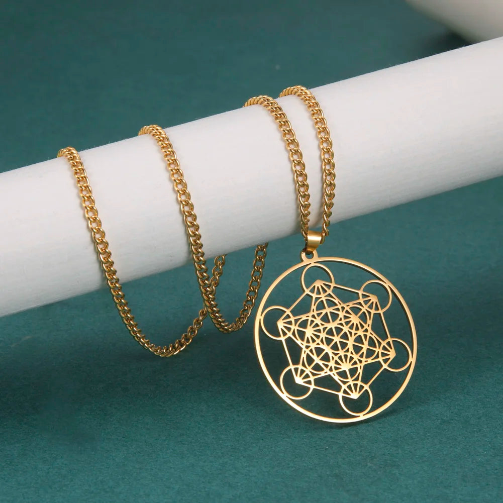 Skyrim – collier Cube d'ange sceau archange Metatron, en acier inoxydable, pour femmes et hommes, amulette de géométrie sacrée, bijoux spirituels religieux