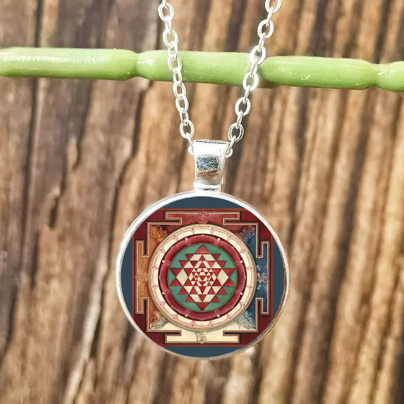Collier Cube Metatron géométrique pour hommes et femmes, Sri Yantra, fleur de vie, pendentif rond en verre, chaîne, bijoux hexagramme