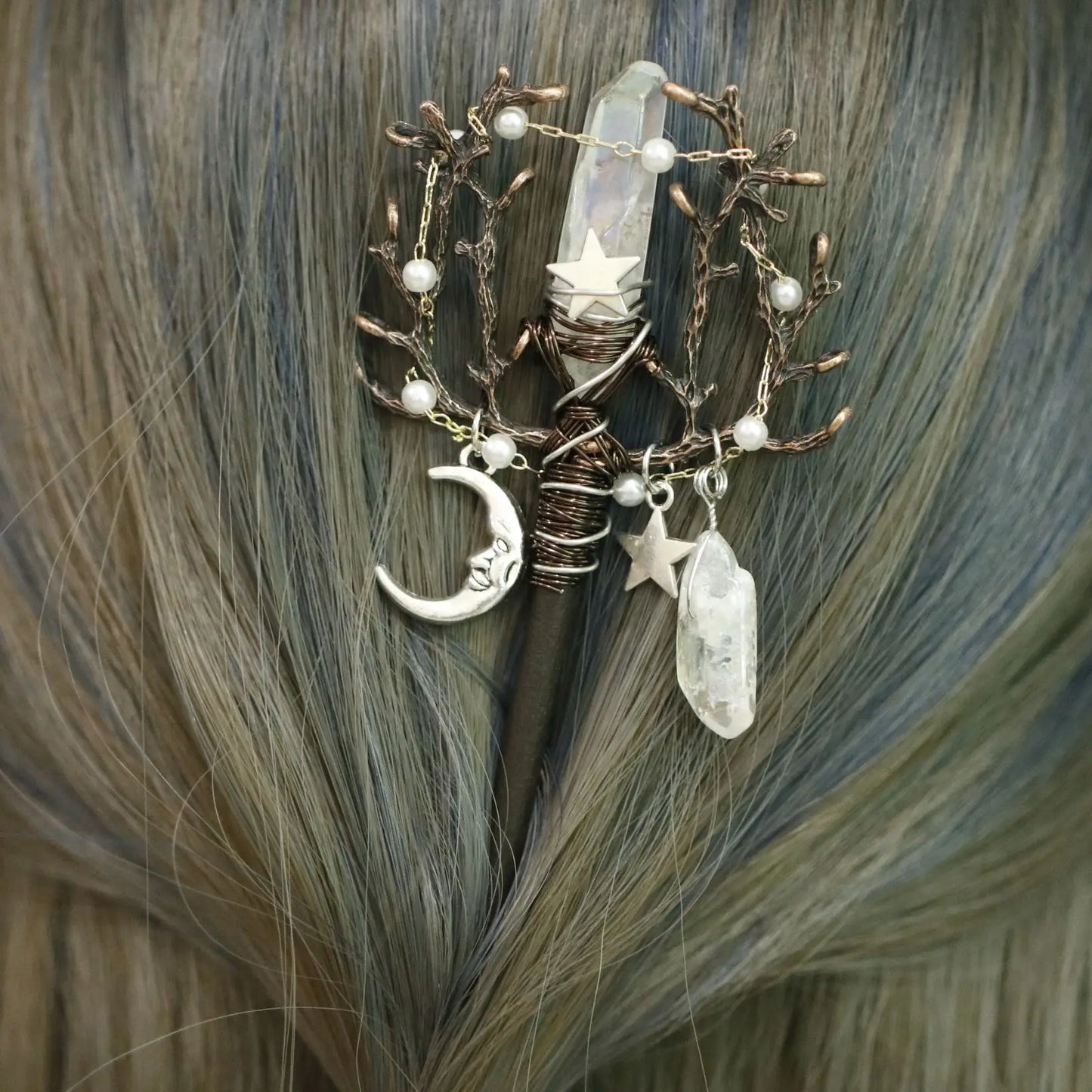 Baguette magique de sorcière vintage faite à la main, épingle à cheveux en cristal, branche de sorcière, Jeanne de périphérie, anciers de cheveux, patients Wiccan, cadeaux de mariage