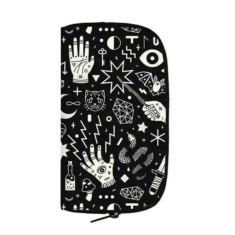 Portefeuille long de sorcière chat noir mignon pour hommes et femmes, sac à main gothique, sac à passeport, porte-monnaie pour téléphone, crâne de sorcellerie, filles