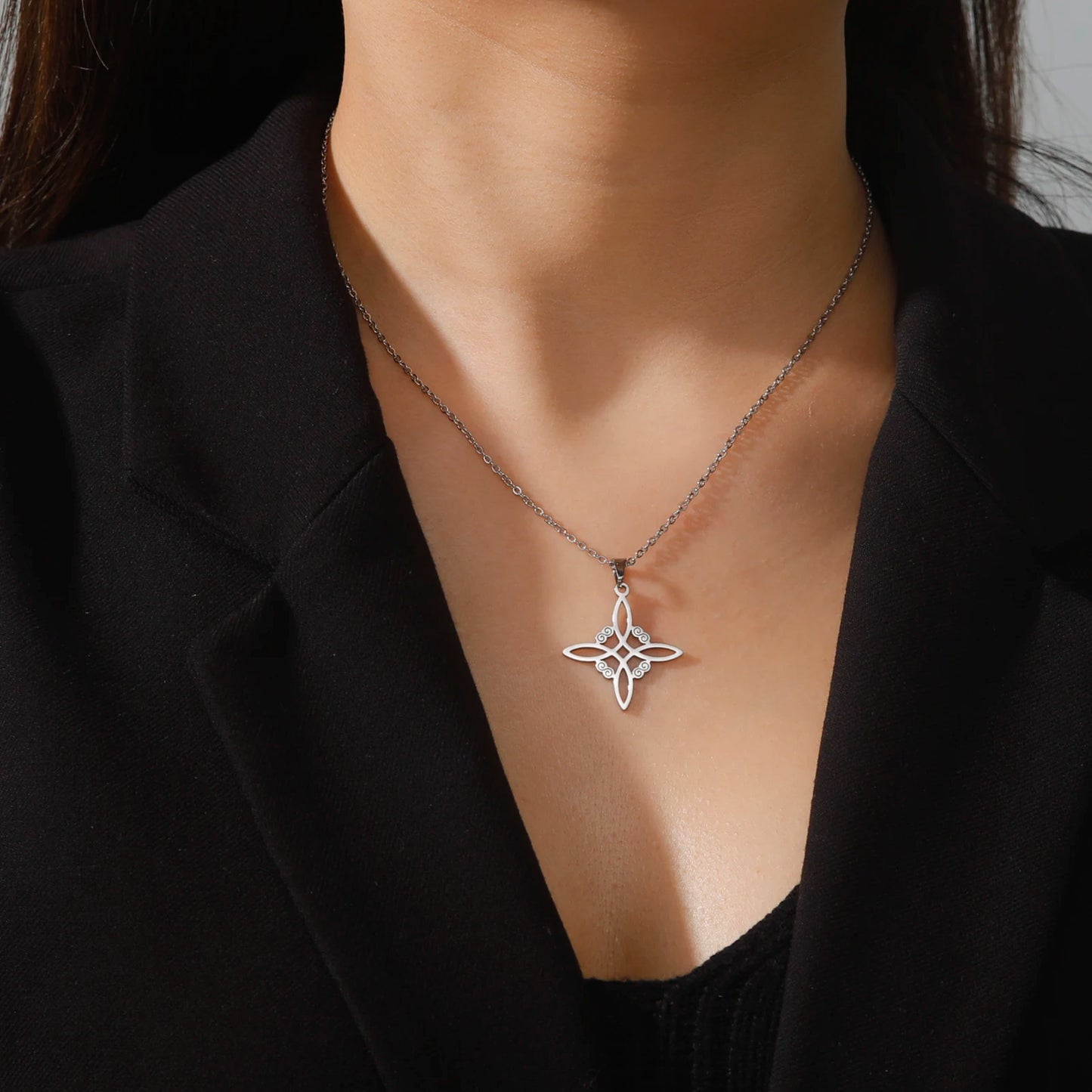 Skyrim Metatron Cube Collier pendentif noeud de sorcière Double amulette Protection Colliers en acier inoxydable Bijoux de sorcellerie vintage