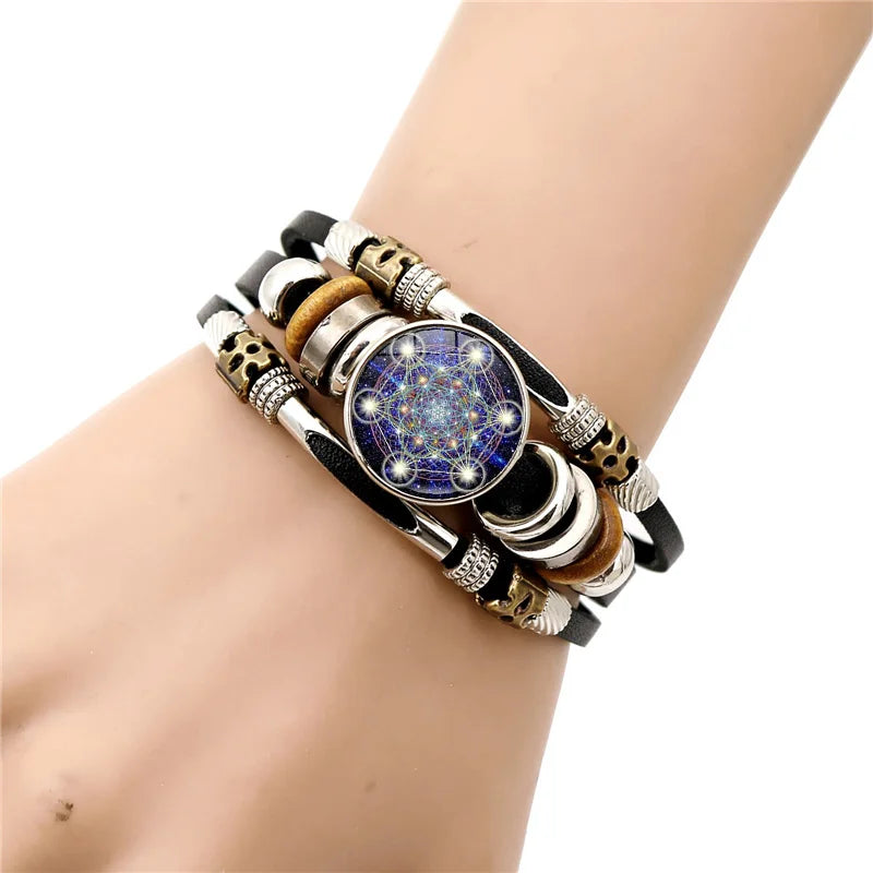 Bracelet Vintage mystérieux Cube Metatron, géométrie sacrée, fleur de vie, bouton-pression, multicouche, Punk, en cuir, vente en gros