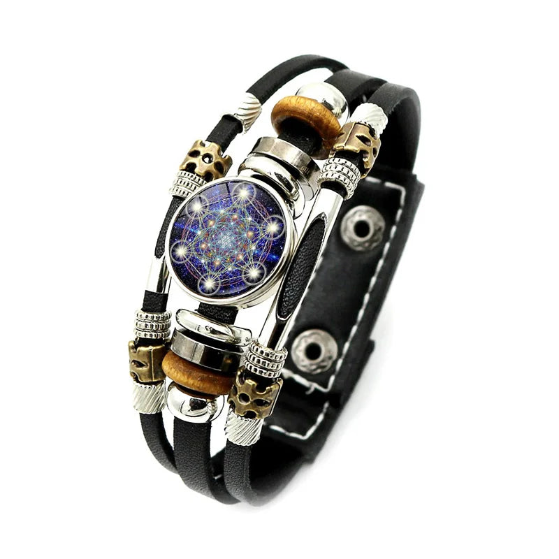 Bracelet Vintage mystérieux Cube Metatron, géométrie sacrée, fleur de vie, bouton-pression, multicouche, Punk, en cuir, vente en gros
