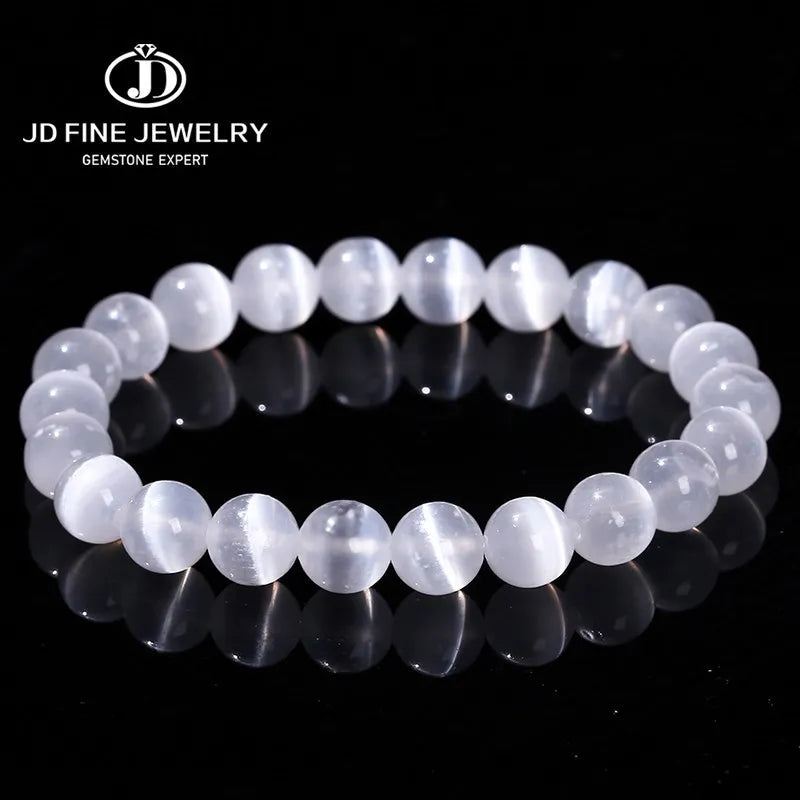 JD – Bracelet de perles en pierre de sélénite blanche naturelle pour hommes et femmes, 100% véritable pierre ronde en gypse, extensible, 6, 8, 10mm, cadeau de Yoga minéral