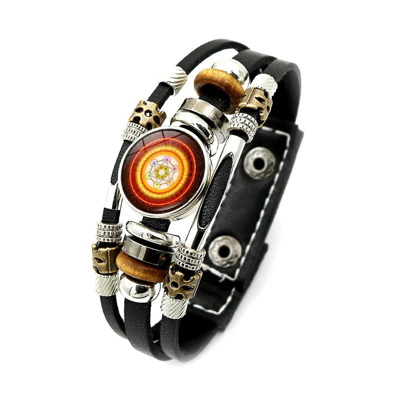 Bracelet Vintage mystérieux Cube Metatron, géométrie sacrée, fleur de vie, bouton-pression, multicouche, Punk, en cuir, vente en gros