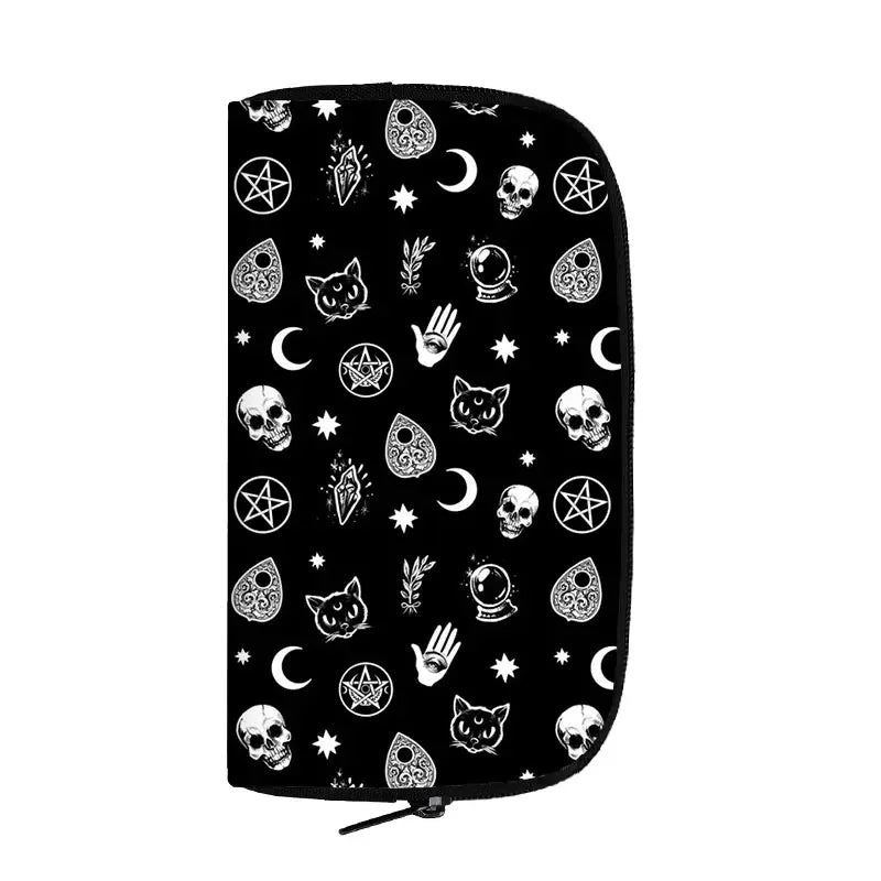 Portefeuille long de sorcière chat noir mignon pour hommes et femmes, sac à main gothique, sac à passeport, porte-monnaie pour téléphone, crâne de sorcellerie, filles
