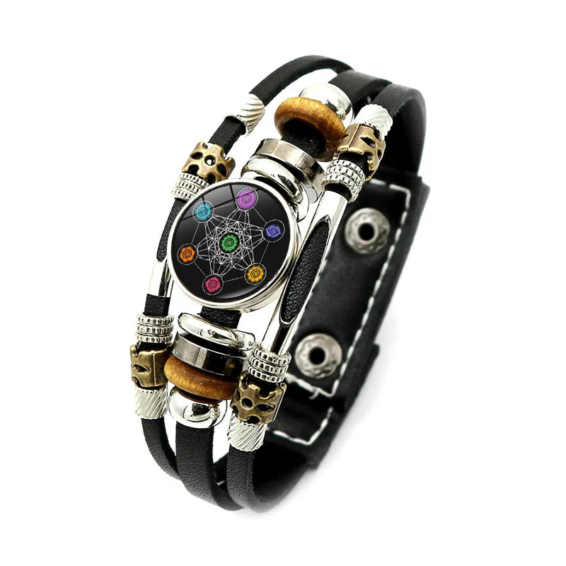 Bracelet Vintage mystérieux Cube Metatron, géométrie sacrée, fleur de vie, bouton-pression, multicouche, Punk, en cuir, vente en gros