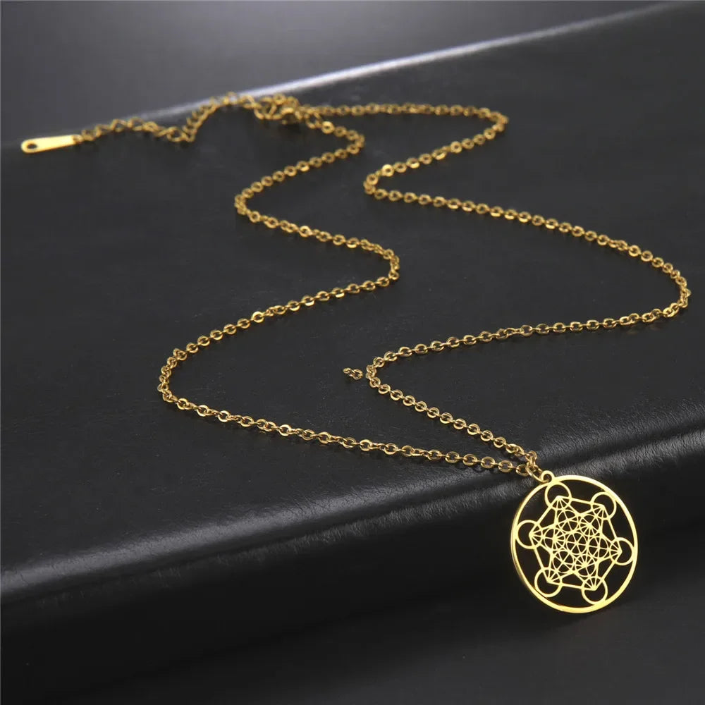 Skyrim Metatron Cube Collier pendentif noeud de sorcière Double amulette Protection Colliers en acier inoxydable Bijoux de sorcellerie vintage