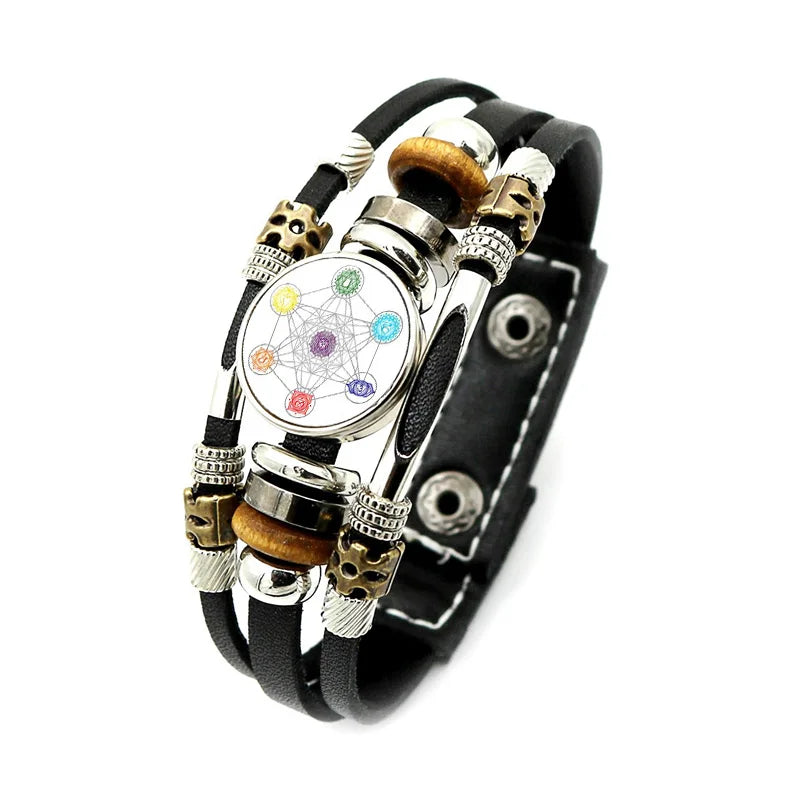 Bracelet Vintage mystérieux Cube Metatron, géométrie sacrée, fleur de vie, bouton-pression, multicouche, Punk, en cuir, vente en gros
