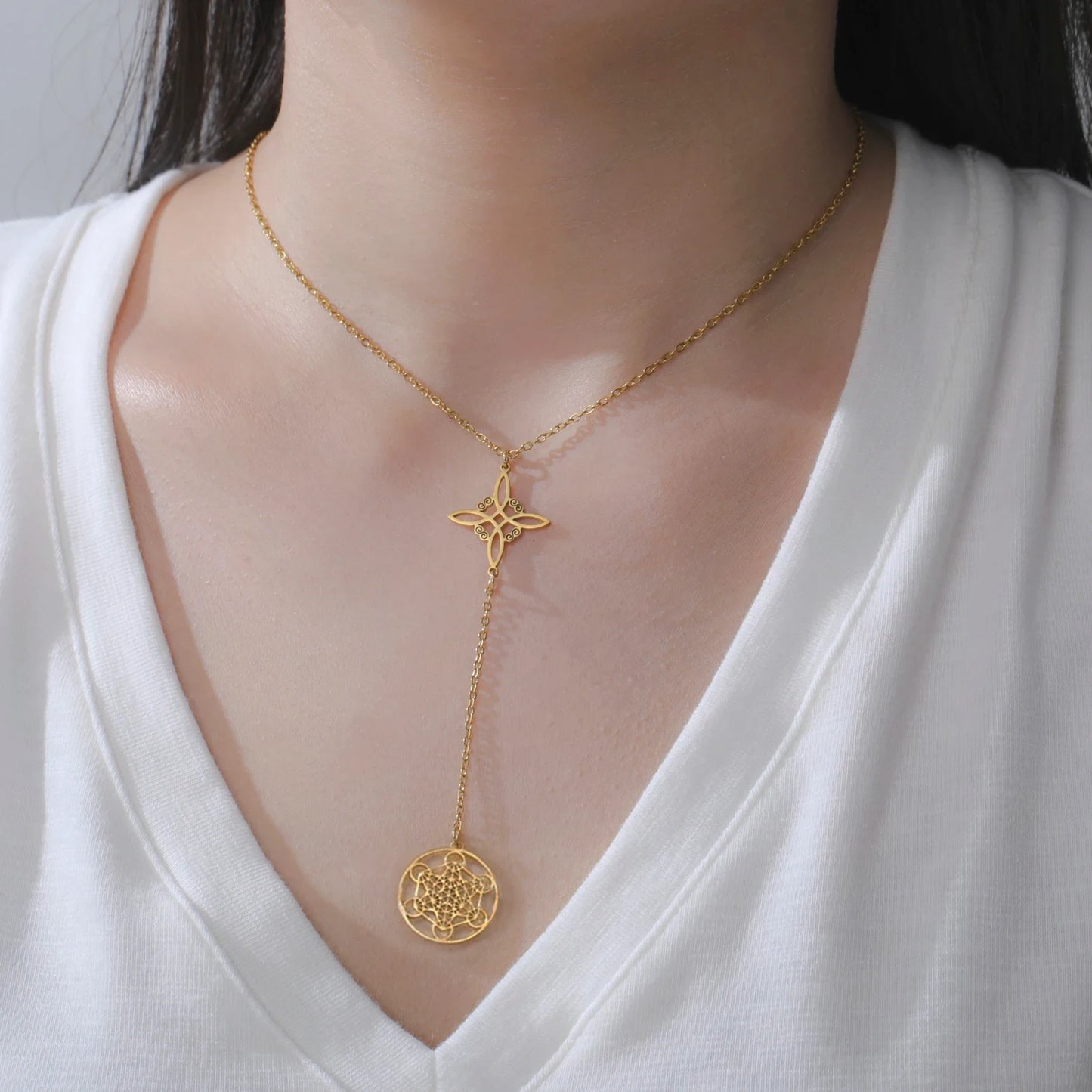 Skyrim Metatron Cube Collier pendentif noeud de sorcière Double amulette Protection Colliers en acier inoxydable Bijoux de sorcellerie vintage