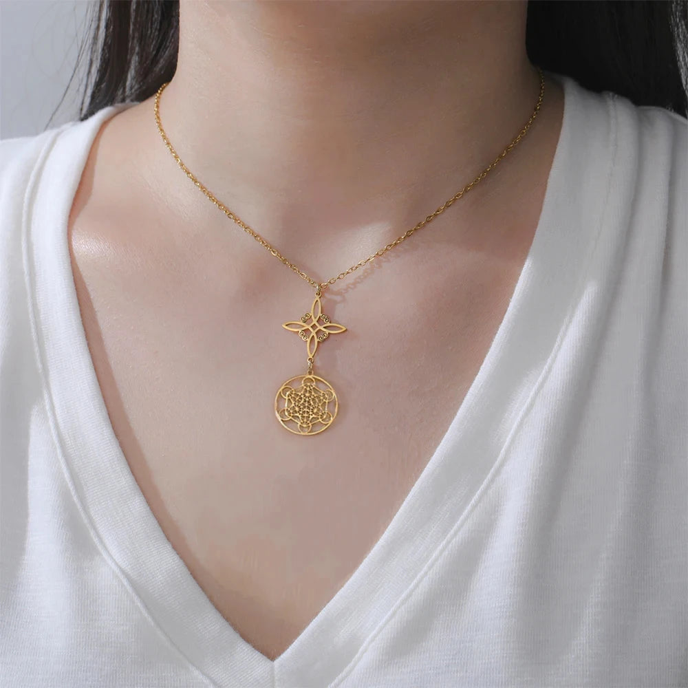 Skyrim Metatron Cube Collier pendentif noeud de sorcière Double amulette Protection Colliers en acier inoxydable Bijoux de sorcellerie vintage