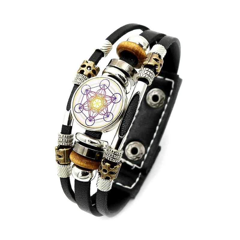 Bracelet Vintage mystérieux Cube Metatron, géométrie sacrée, fleur de vie, bouton-pression, multicouche, Punk, en cuir, vente en gros