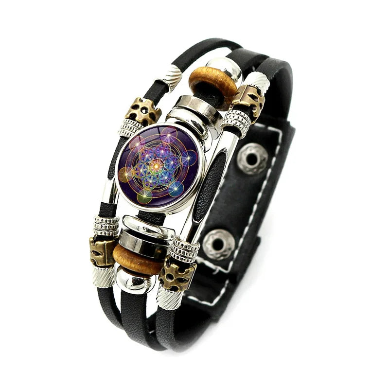 Bracelet Vintage mystérieux Cube Metatron, géométrie sacrée, fleur de vie, bouton-pression, multicouche, Punk, en cuir, vente en gros