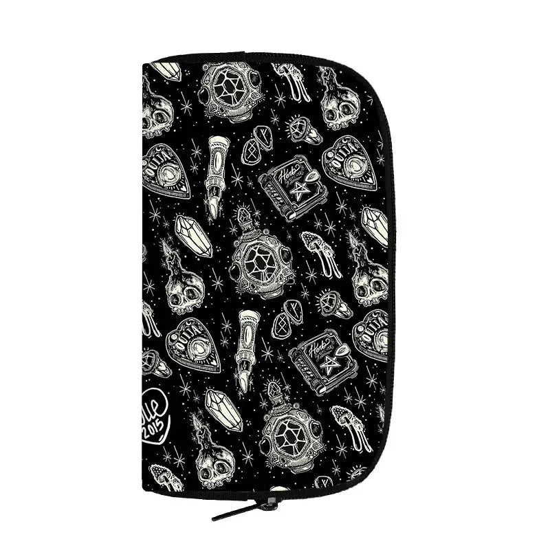 Portefeuille long de sorcière chat noir mignon pour hommes et femmes, sac à main gothique, sac à passeport, porte-monnaie pour téléphone, crâne de sorcellerie, filles