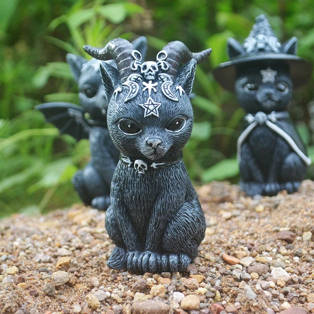 Figurine décorative d'halloween, Sculpture de chat sorcière de jardin, Statue de chaton gothique, chat magique noir, hibou, ornement de magicien, Miniature mignonne