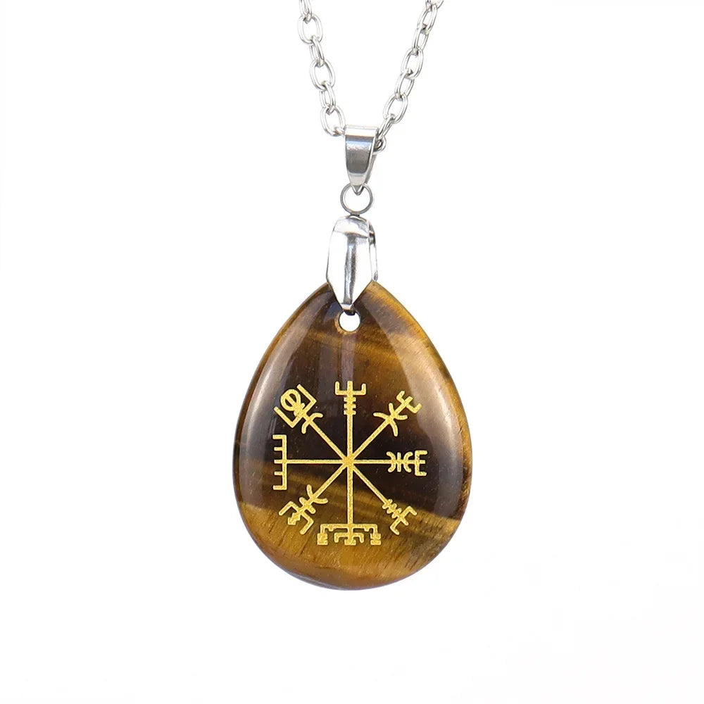 Collier pendentif en obsidienne chakra naturel, semi-réservoir, pierre d'oeil de tigre, Viking Rune Vegvisir, attention sman, Os Teardstress