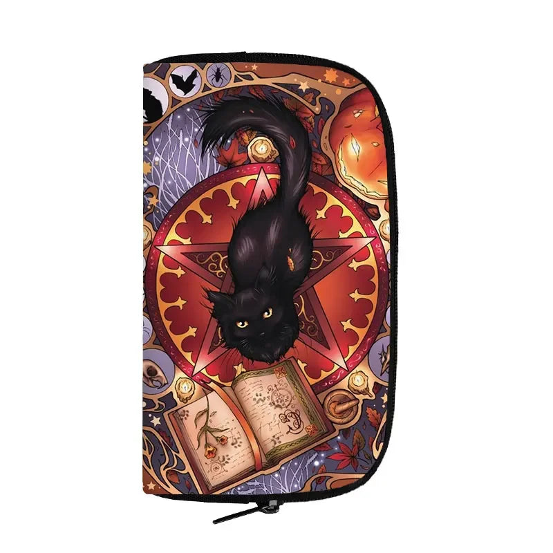 Portefeuille long de sorcière chat noir mignon pour hommes et femmes, sac à main gothique, sac à passeport, porte-monnaie pour téléphone, crâne de sorcellerie, filles
