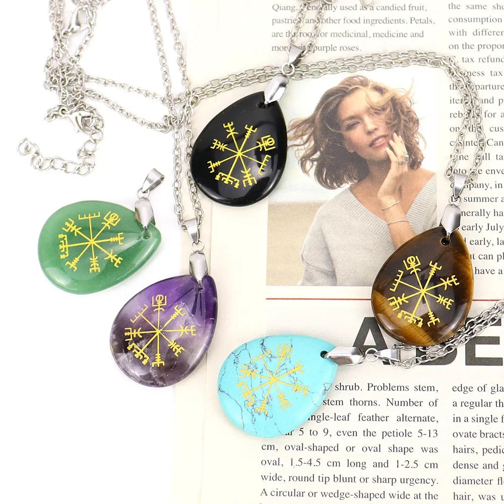 Collier pendentif en obsidienne chakra naturel, semi-réservoir, pierre d'oeil de tigre, Viking Rune Vegvisir, attention sman, Os Teardstress