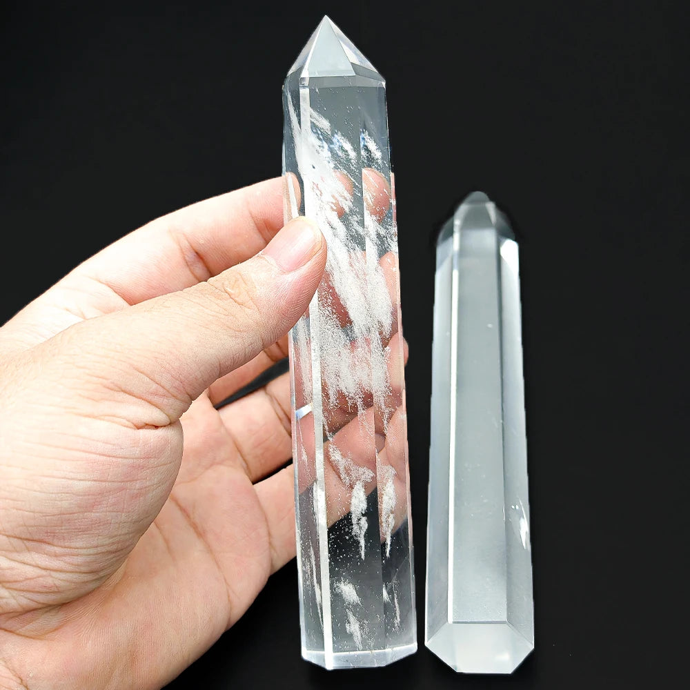 Prisme Hexagonal en obsidienne naturelle de 15cm, cristal blanc, pierre de fusion, tour de baguette, artisanat de décoration pour la maison