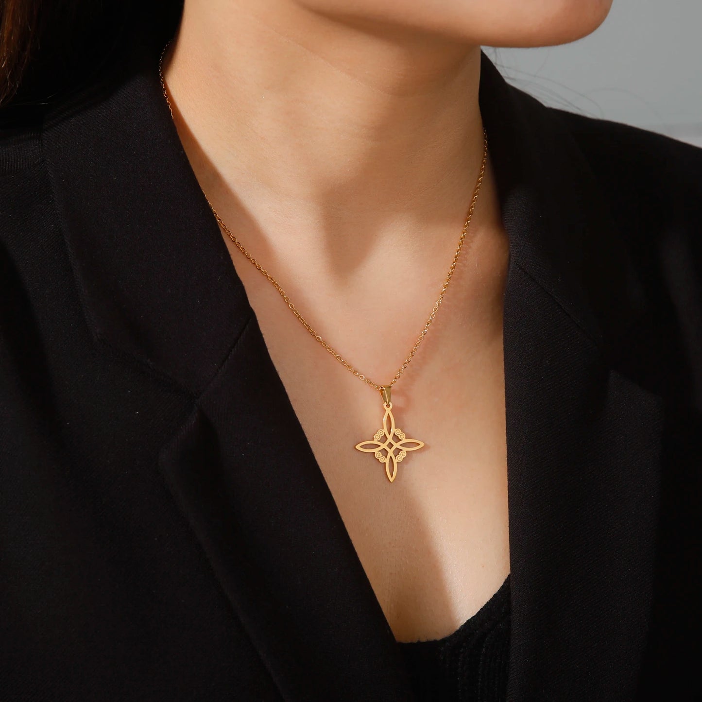 Skyrim Metatron Cube Collier pendentif noeud de sorcière Double amulette Protection Colliers en acier inoxydable Bijoux de sorcellerie vintage