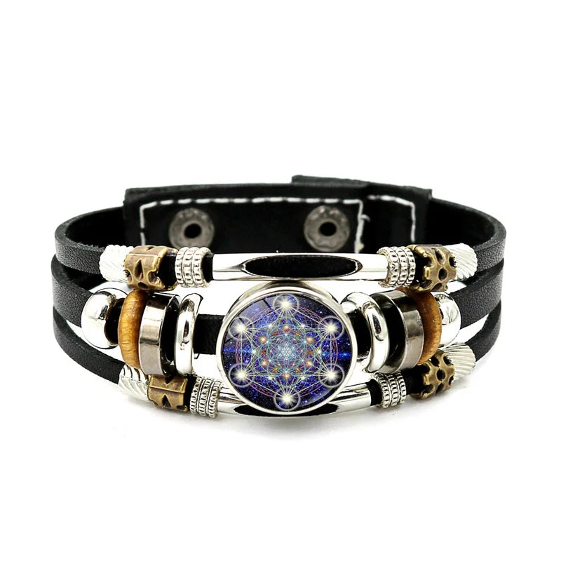 Bracelet Vintage mystérieux Cube Metatron, géométrie sacrée, fleur de vie, bouton-pression, multicouche, Punk, en cuir, vente en gros