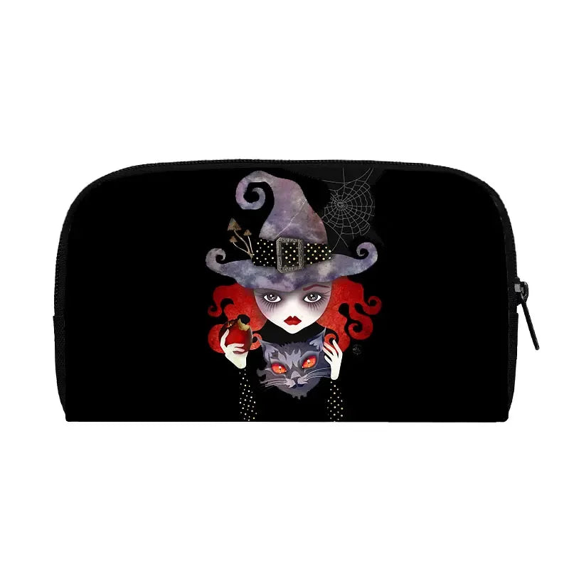 Portefeuille long de sorcière chat noir mignon pour hommes et femmes, sac à main gothique, sac à passeport, porte-monnaie pour téléphone, crâne de sorcellerie, filles