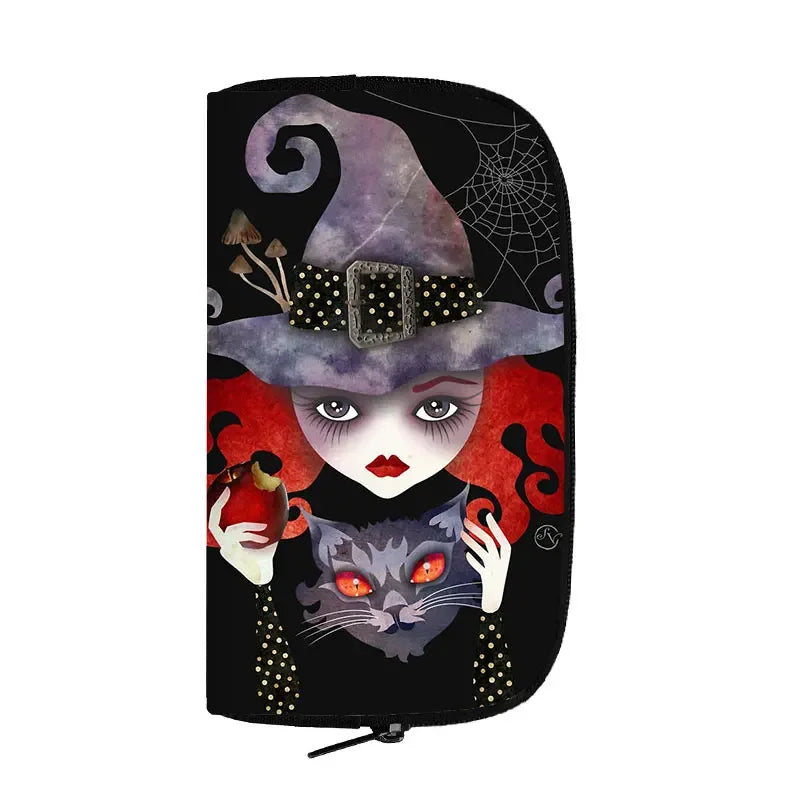 Portefeuille long de sorcière chat noir mignon pour hommes et femmes, sac à main gothique, sac à passeport, porte-monnaie pour téléphone, crâne de sorcellerie, filles