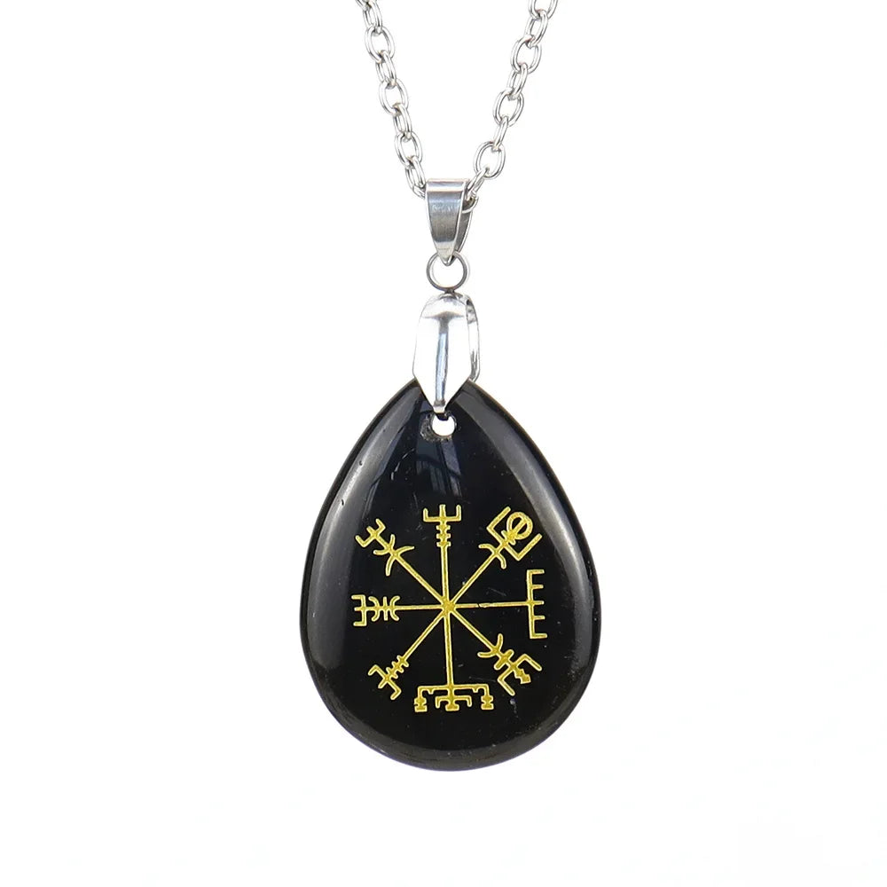Collier pendentif en obsidienne chakra naturel, semi-réservoir, pierre d'oeil de tigre, Viking Rune Vegvisir, attention sman, Os Teardstress