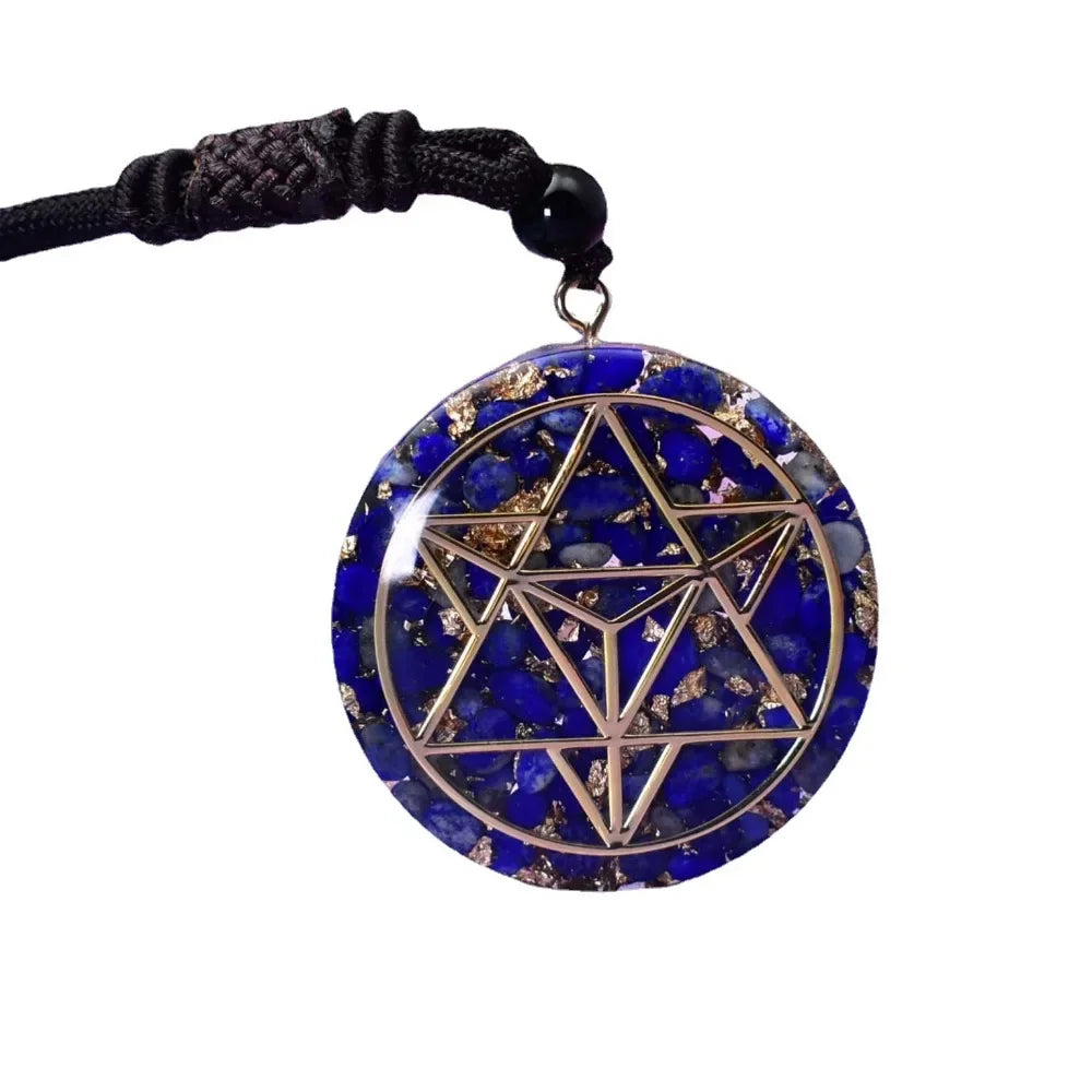 Pierres à puce en Lapis Lazuli de guérison, pendentif en cristal Merkaba hexagramme Orgonite avec feuille d'or, Relaxation mentale, géométrie sacrée