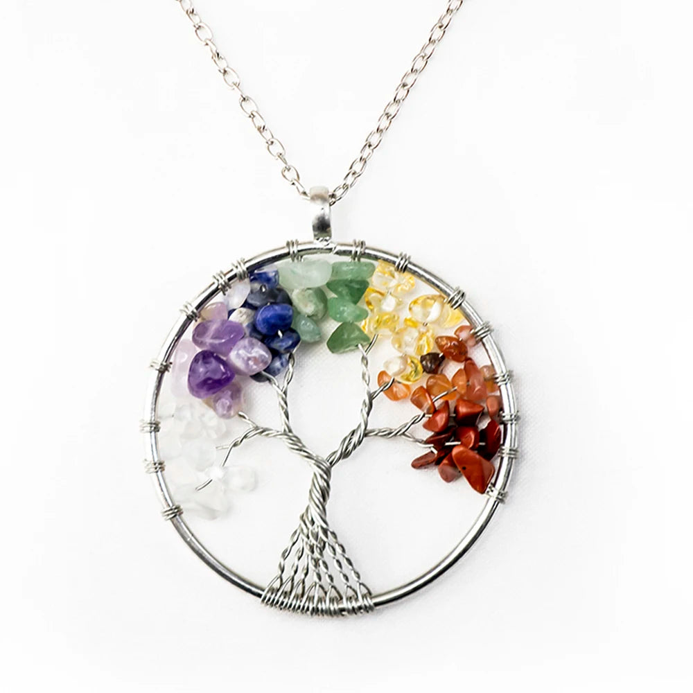 Collier pendentif arbre de vie en pierre de cristal naturel, 7 chakras, Quartz, améthyste, bijoux de mariage pour femmes