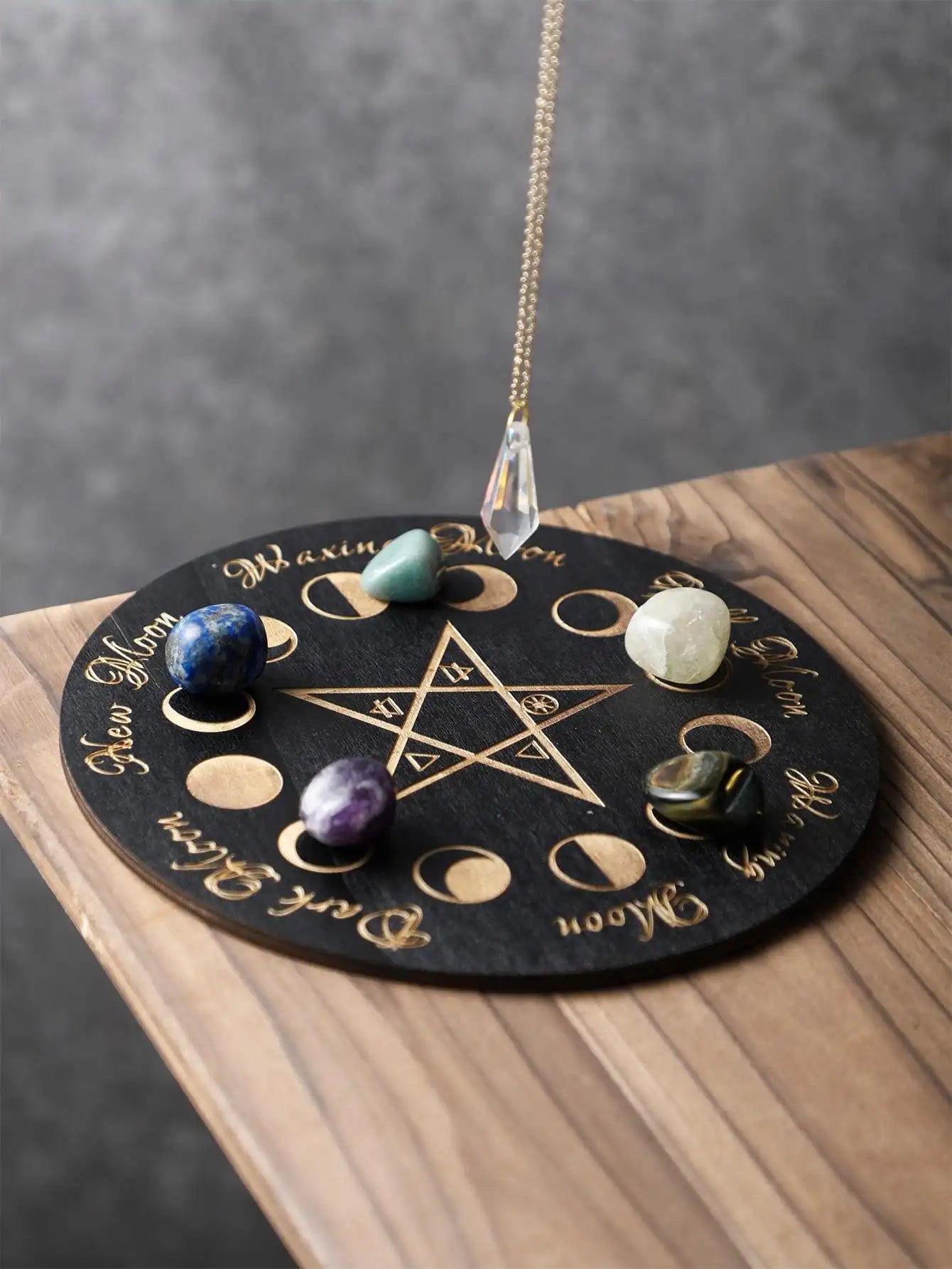 Planche à pendule en bois avec lune, étoile, Divination, énergie sculptée, planche de méditation de guérison, ornements, autel métaphysique