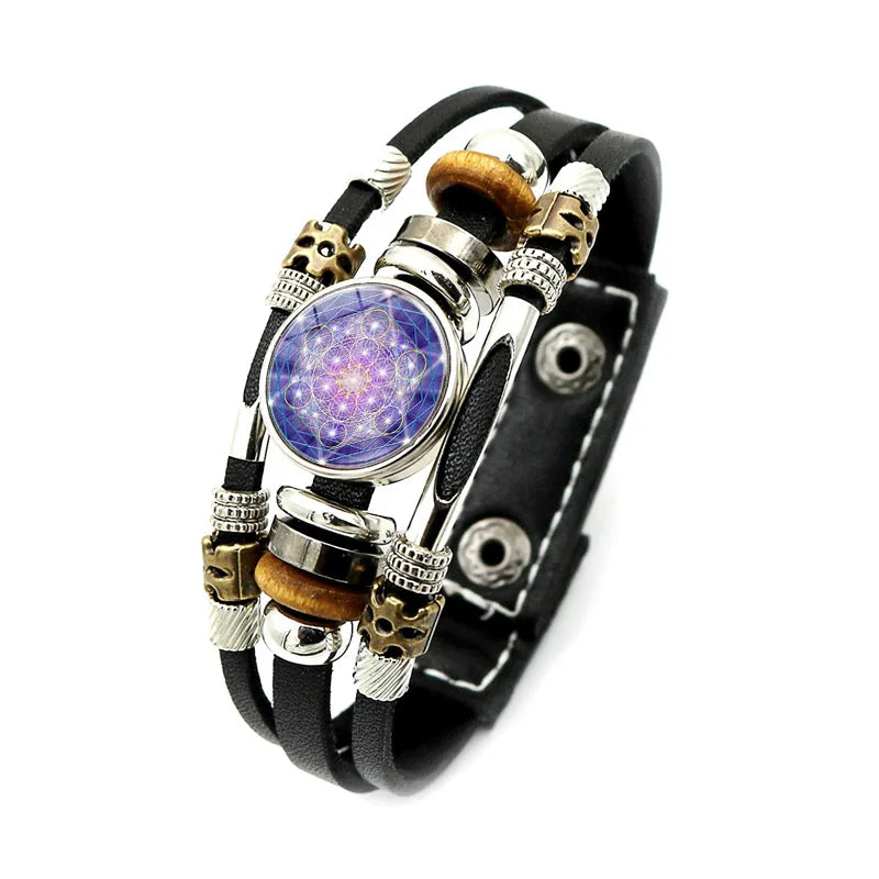 Bracelet Vintage mystérieux Cube Metatron, géométrie sacrée, fleur de vie, bouton-pression, multicouche, Punk, en cuir, vente en gros