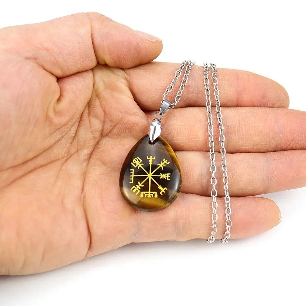 Collier pendentif en obsidienne chakra naturel, semi-réservoir, pierre d'oeil de tigre, Viking Rune Vegvisir, attention sman, Os Teardstress