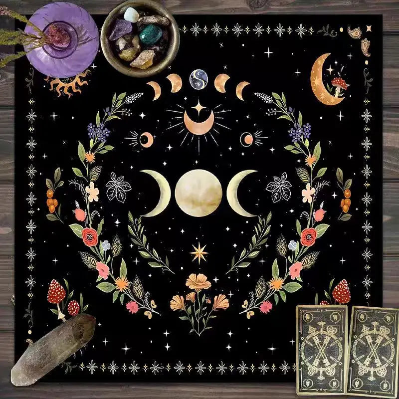 Nappe de Tarot, tissu d'autel, phase de lune, soleil, ciel étoilé, fleurs, sorcellerie, accessoires de décoration rituel d'autel, 1 pièce