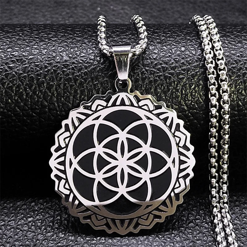 Géométrie sacrée Metatron Cube ange sceau archange collier pour femmes hommes acier inoxydable fleur de vie Lotus bijoux N7961S02