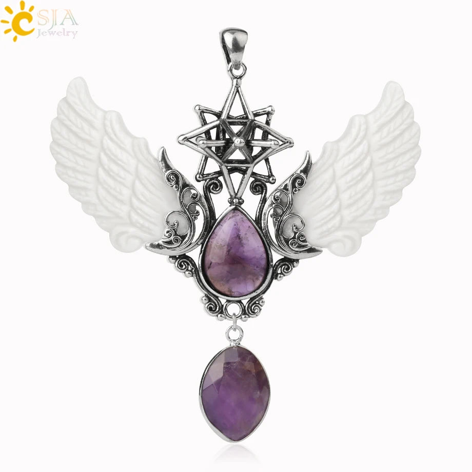 pendentif pierre naturelle pierre naturelle et cristaux , amethyste pierre naturelle Merkaba Collier avec pendentif en pierre naturelle, Collier forme de goutte d'eau, style Vintage, bijoux ailes d'ange, Lapis Lazuli