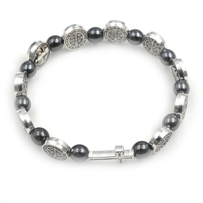 VILLWICE Bracelet chapelet catholique médaille de saint benoît croix Bracelets de prière perles d'hématite Religion bijoux accessoires