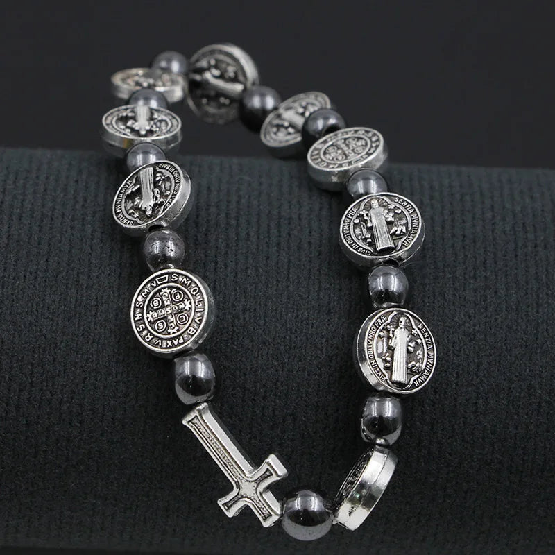VILLWICE Bracelet chapelet catholique médaille de saint benoît croix Bracelets de prière perles d'hématite Religion bijoux accessoires