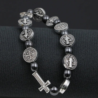 VILLWICE Bracelet chapelet catholique médaille de saint benoît croix Bracelets de prière perles d'hématite Religion bijoux accessoires