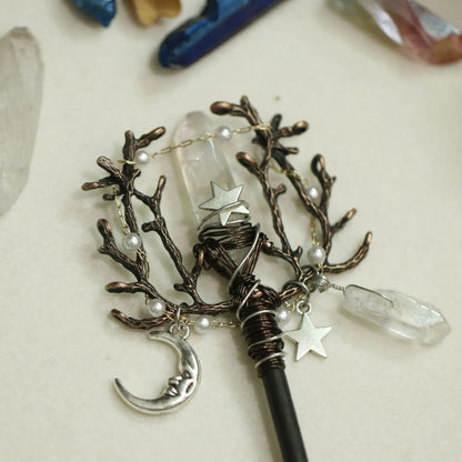 Baguette magique de sorcière vintage faite à la main, épingle à cheveux en cristal, branche de sorcière, Jeanne de périphérie, anciers de cheveux, patients Wiccan, cadeaux de mariage