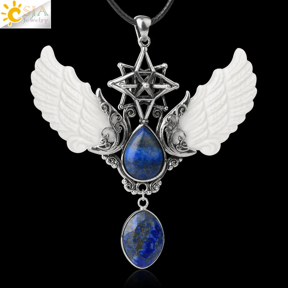 pendentif pierre naturelle pierre naturelle et cristaux , amethyste pierre naturelle Merkaba Collier avec pendentif en pierre naturelle, Collier forme de goutte d'eau, style Vintage, bijoux ailes d'ange, Lapis Lazuli