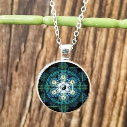 Collier Cube Metatron géométrique pour hommes et femmes, Sri Yantra, fleur de vie, pendentif rond en verre, chaîne, bijoux hexagramme