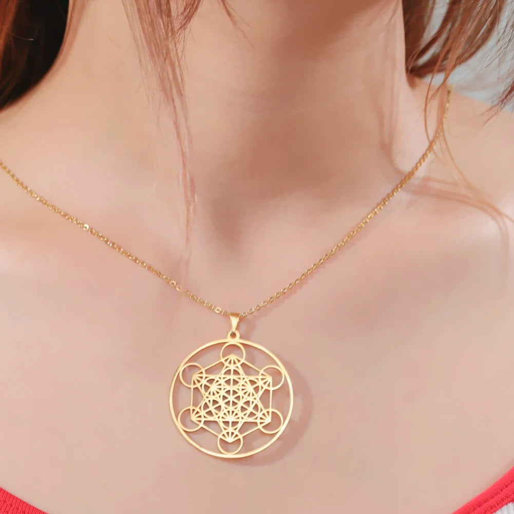 Skyrim – collier Cube d'ange sceau archange Metatron, en acier inoxydable, pour femmes et hommes, amulette de géométrie sacrée, bijoux spirituels religieux