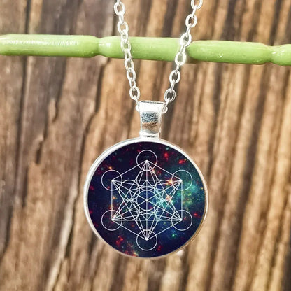 Collier Cube Metatron géométrique pour hommes et femmes, Sri Yantra, fleur de vie, pendentif rond en verre, chaîne, bijoux hexagramme