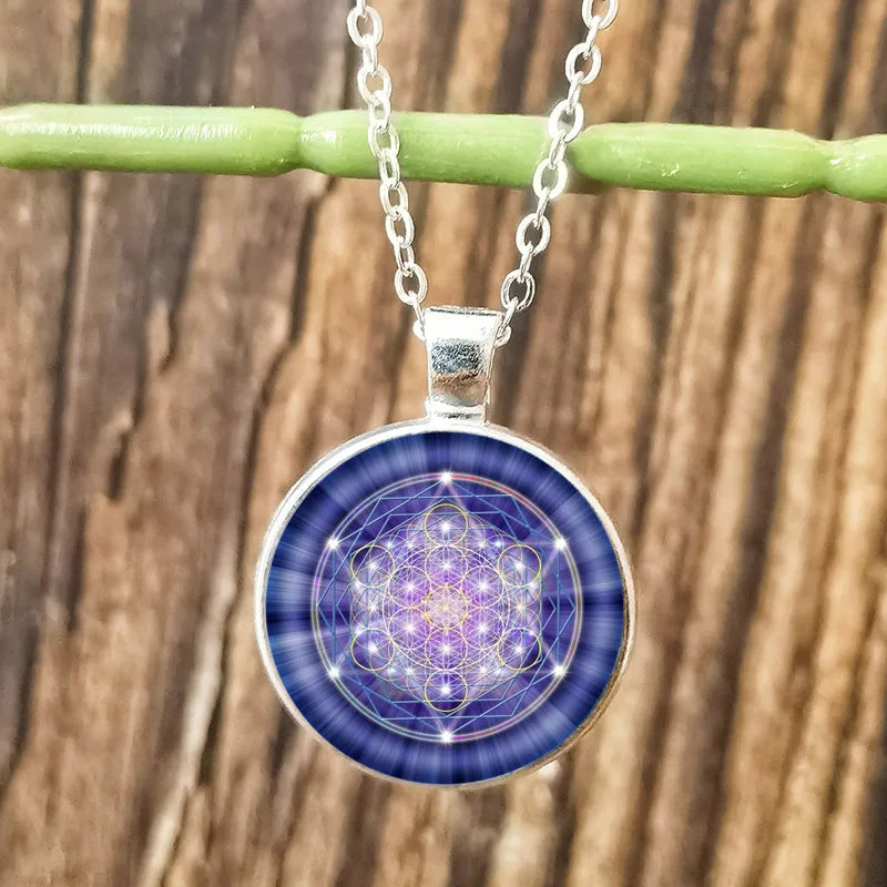 Collier Cube Metatron géométrique pour hommes et femmes, Sri Yantra, fleur de vie, pendentif rond en verre, chaîne, bijoux hexagramme