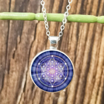 Collier Cube Metatron géométrique pour hommes et femmes, Sri Yantra, fleur de vie, pendentif rond en verre, chaîne, bijoux hexagramme