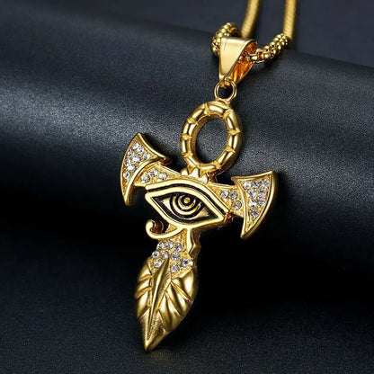 Collier avec pendentif en croix égyptien pour femmes et hommes, couleur or, en acier inoxydable, œil d'horus, glacé, Bling, bijoux égyptien