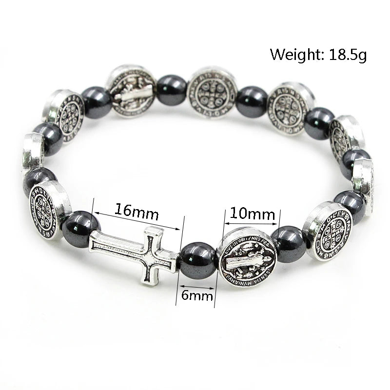 VILLWICE Bracelet chapelet catholique médaille de saint benoît croix Bracelets de prière perles d'hématite Religion bijoux accessoires