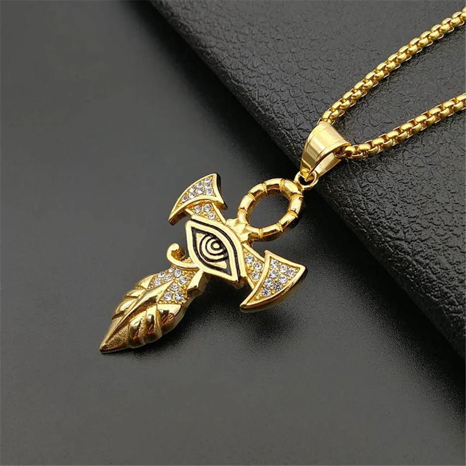 Collier avec pendentif en croix égyptien pour femmes et hommes, couleur or, en acier inoxydable, œil d'horus, glacé, Bling, bijoux égyptien